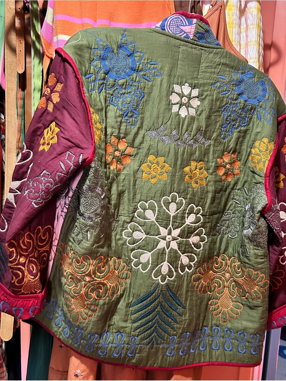 Zara Olive Green Multicolor Embroidered Patchwork Jacket